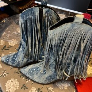 Beautiful Blue Jean Fringe with Sparkles Boots. New condition. Size 11 Wide.